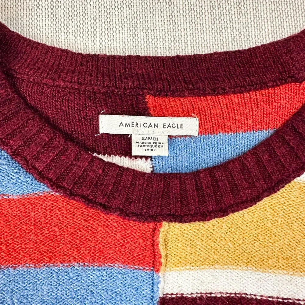 Vintage American Eagle Patchwork Stripe Sweater, Crew Neck, Size Small, Colorful